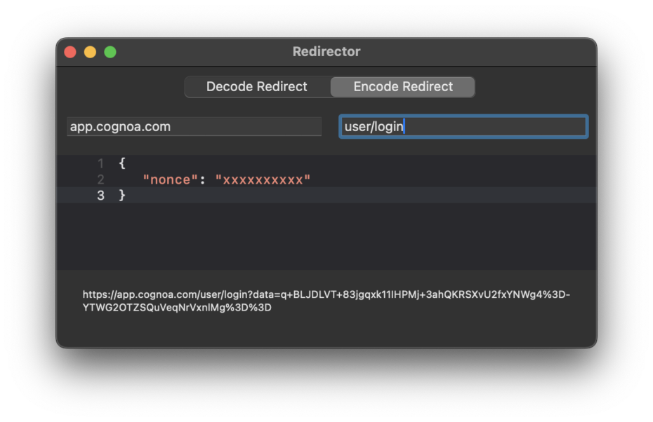 Redirector app displaying JSON payload and encoded URL.